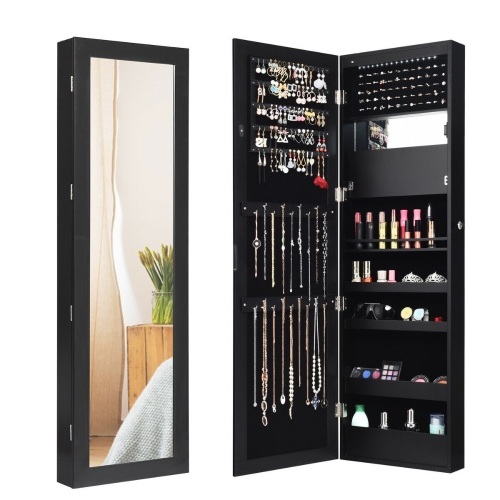 Costway Lockable Wall Door Mounted Mirror Jewelry Cabinet with LED Lights   - Lot 630