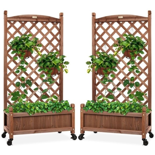 Set of 2 Wood Planter Box & Lattice Trellis w/ Optional Wheels, 48in  - Lot 1071