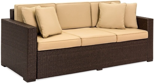 Outdoor Wicker Sofa with Tan Cushions, Seats 3  - Lot 29