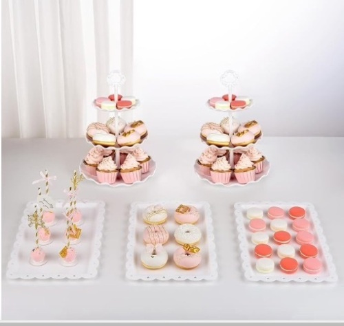 NWK 5 Piece Cake Stand Set with 2xLarge 3-Tier Cupcake Stands + 3X Appetizer Trays Perfect for Wedding Birthday Baby Shower Tea Party - Lot 224