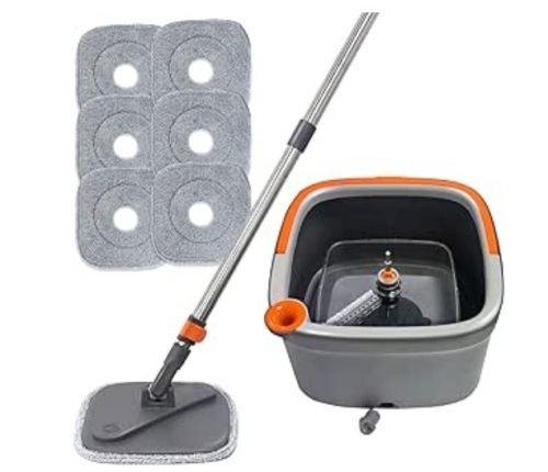 KZKR Spin Square Mop and Bucket Set M16 with 6 microfibra Replaceable Mop Pads with Self Separation Dirty and Clean Water System, Self Wringing 360° Rotating Mop-Head for Hardwood Tile Marble Floors - Lot 227