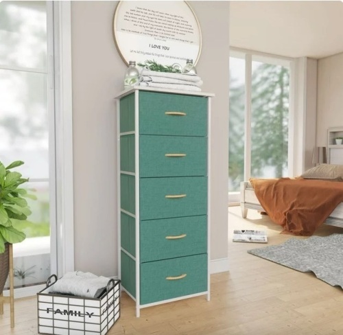 Pellebant 5 Drawers Vertical Storage Tower- Fabric Dresser in Green Finish - Lot 262
