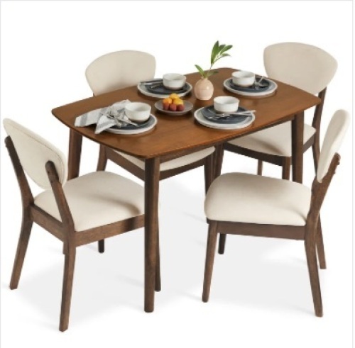 5-Piece Wooden Mid-Century Modern Dining Set w/ 4 Chairs, Padded Seat & Back - Lot 273