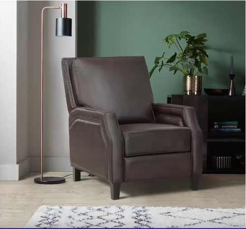 Adele Dark Brown Faux Leather Upholstered Push Back Standard Recliner with Nailheads - Lot 745