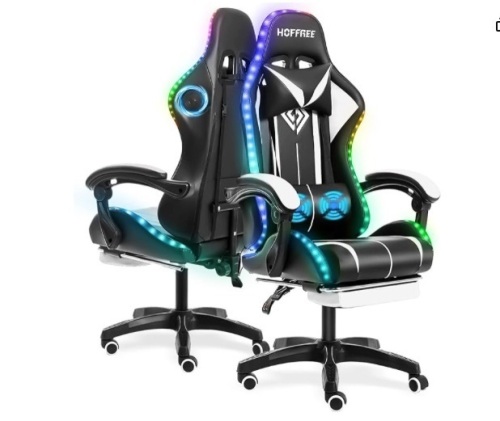 Gaming Chair with Bluetooth Speakers and RGB Led Lights Ergonomic Computer Gaming Chair with Massage Lumbar Support and Footrest High Back Video Game Chair White and Black $229.99  - Lot 316