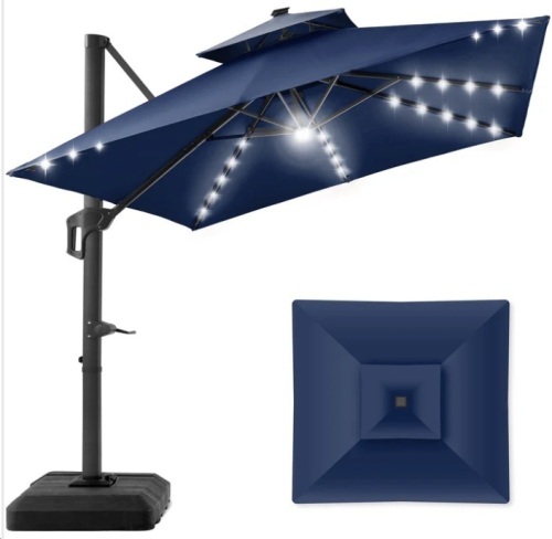 2-Tier Square LED Cantilever Offset Umbrella w/ 360 Rotation, Base - 10x10ft $679.99 - Lot 748