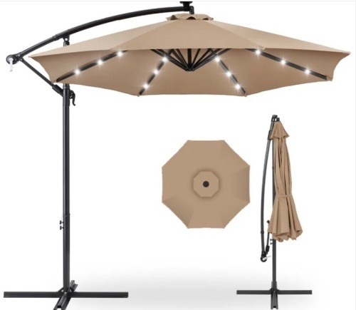 Solar LED Offset Hanging Patio Umbrella w/ Crank Tilt Adjustment - 10ft - Lot 330