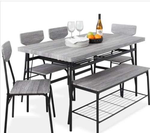 6-Piece Modern Dining Set w/ Storage Racks, Table, Bench, 4 Chairs - 55in - Lot 343