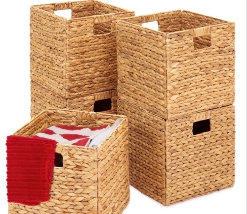 Set of 5 Collapsible Hyacinth Storage Baskets w/ Inserts - 13x13in - Lot 360