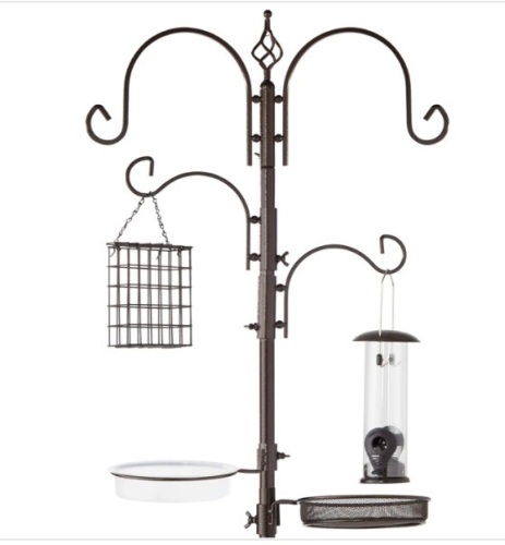 4-Hook Bird Feeding Station, Steel Feeder Stand w/ 2 Bird Feeders - 91in - Lot 508