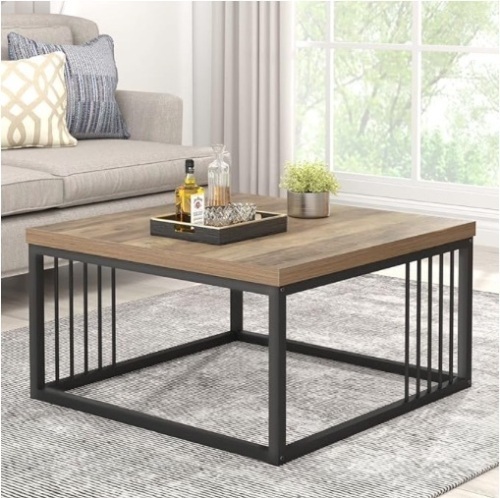 Square Coffee Table, Rustic Wood and Metal Center Table for Living Room, Oak - Lot 471