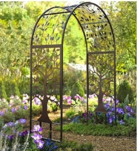 Plow & Hearth Arch Metal Outdoor Garden Arbor | Tree of Life | 84" H x 53" Wx 23" D | Black | Trellis Lattice for Plants | Wedding | Outdoor Patio Décor - Lot 475