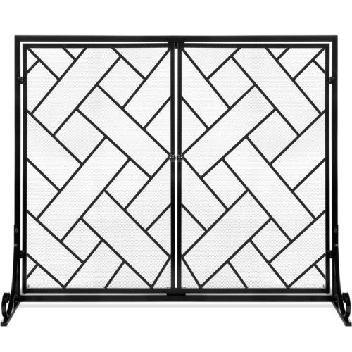 2-Panel Wrought Iron Geometric Fireplace Screen w/ Magnetic Doors - 44x33in - Lot 4633