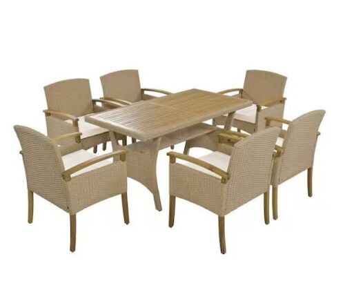7-Piece Rattan Wicker Outdoor Dining Set with White Cushions and Wood Tabletop  - Lot 13
