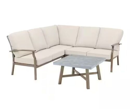 Hampton Bay Beachside Rope Look Wicker Outdoor Patio Sectional Sofa Seating Set with CushionGuard Almond Cushions  - Lot 17