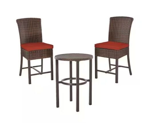 Hampton Bay Harper Creek 3-Piece Brown Steel Outdoor Patio Bar Height Dining Set with CushionGuard Quarry Red Cushions - Lot 39