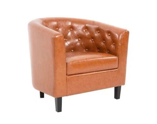 Button Tufted Faux Leather Barrel Chair, Caramel  - Lot 46