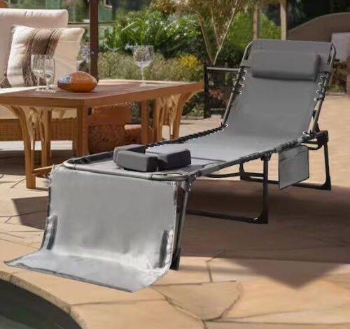 Veikous Chaise Lounge Chair for Tanning with Face Hole, Pillow and Side Pocket, Dark Gray  - Lot 105