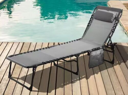 Veikous Outdoor Folding Chaise Lounge Chair with Pillow and Side Pocket, Dark Grey - Lot 110