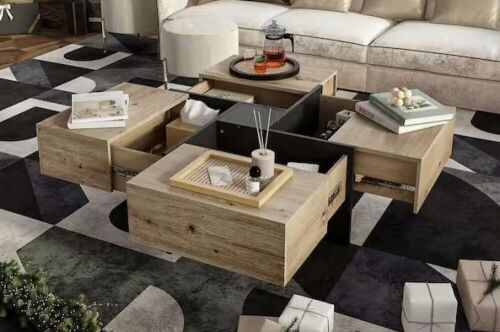 31.5 in. W Square Wood Coffee Table Windmill Design in Brown & Black With 4-Drawers  - Lot 175