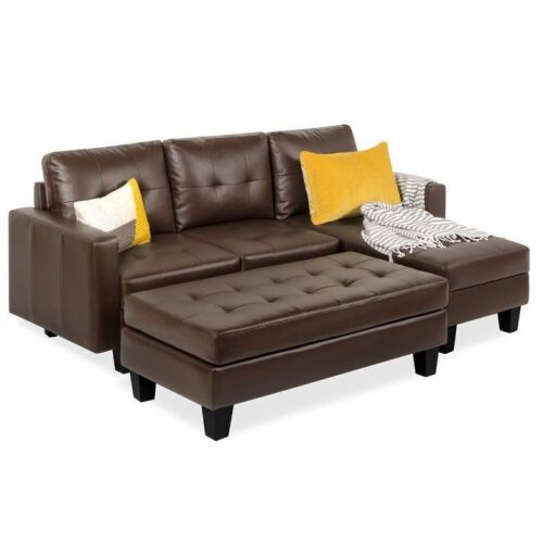 L-Shape Customizable Faux Leather Sofa Set w/ Ottoman Bench - Lot 25