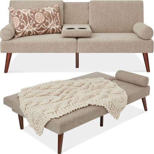 Fabric Upholstered Convertible Futon w/ Rounded Armrests, 2 Cupholders - Lot 168