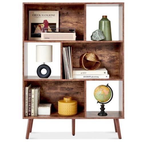 3-Tier Mid-Century Modern Wooden Bookcase w/ 3 Back Panels, Offset Legs - Lot 146