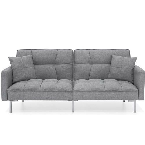 Convertible Linen Tufted Futon w/ 2 Plush Pillows, Split-Back Design - Lot 85
