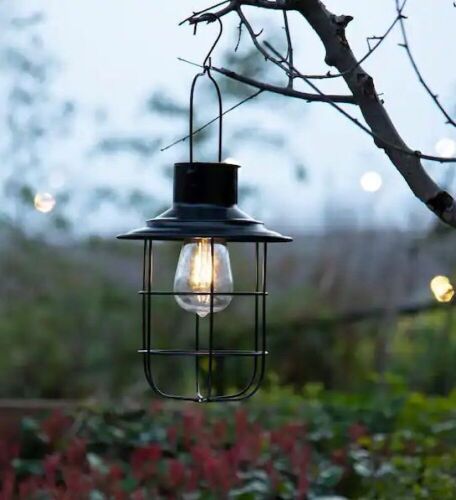 9.75 in. H Black Metal Wire Solar Powered Outdoor Hanging Lantern  - Lot 174