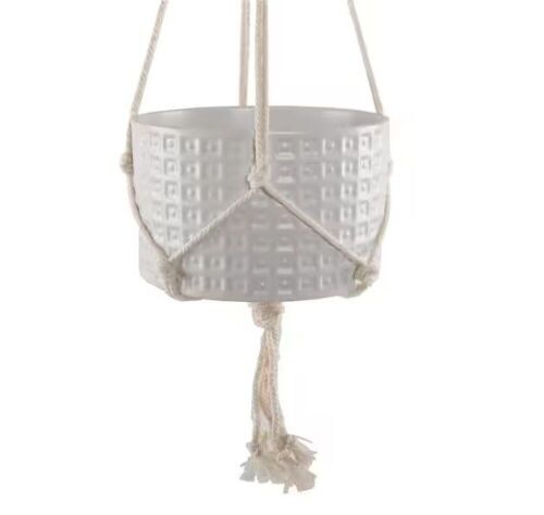 Flora Bunda 5 in. Matte White Gladiator Ceramic Pot with Macrame Hanging Planter  - Lot 200