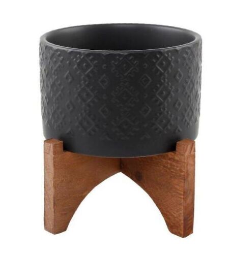 Flora Bunda 5 in. Matte Black Indian Ceramic Planter on Wood Stand - Lot 222