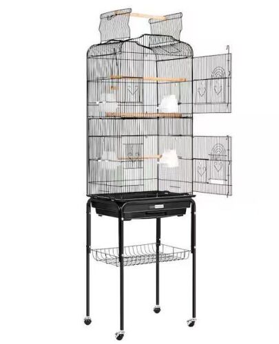 VIVOHOME 59.8 in. Wrought Iron Bird Cage with Play Top and Rolling Stand  - Lot 497