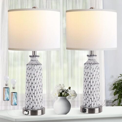 QiMH Modern Coastal White Grey Resin Table Lamp with USB Ports, 3-Way Dimmable Touch Control, 2 Pack  - Lot 459