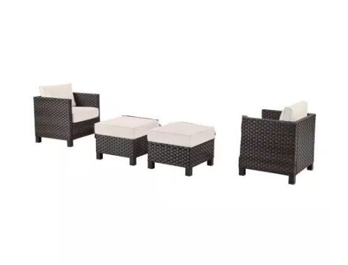 StyleWell Dark Wicker Outdoor Lounge Chair with Almond Biscotti Cushions, 2 Chairs & 2 Ottomans with Cushions - Lot 152