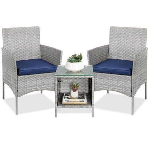3-Piece Outdoor Patio Wicker Bistro Set w/ Side Storage Table - Lot 75