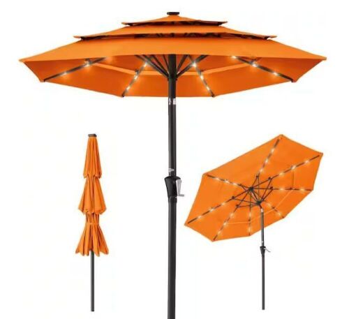 10 ft. Steel Market Solar Tilt Patio Umbrella with 24-LED Lights, Tilt Adjustment, Easy Crank in Orange  - Lot 476