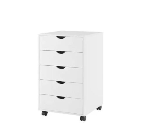 White 5 Drawer Wood Storage Dresser with Wheels - Lot 394