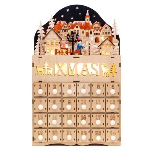 Wooden Christmas Village Advent Calendar w/ Battery-Operated LED Light Background - Lot 468