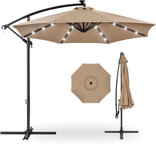 Best Choice Products 10ft Solar LED Offset Hanging Market Patio Umbrella for Backyard, Poolside, Lawn and Garden w/Easy Tilt Adjustment, Polyester Shade, 8 Ribs - Tan  - Lot 120