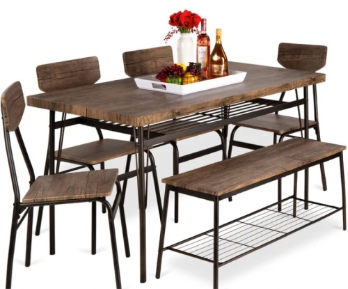 6-Piece Modern Dining Set w/ Storage Racks, Table, Bench, 4 Chairs - 55in-missing hardware - Lot 213