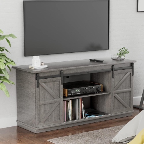 YESHOMY TV Stand for Televisions up to 65 Inchs, with Sliding Barn Doors and Storage Cabinets, Console Table and Media Furniture for Living Room, 58 Inch, Gray  - Lot 263
