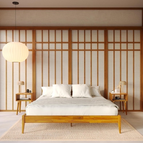 Bme Dinkee King Bed Frame Wood 15 Inch - Solid Wood Platform Bed Frame - Japanese Joinery Bed - Modern & Minimalist Style - Wood Slat Support - Easy Assembly - No Box Spring Needed - Caramel  - Lot 255