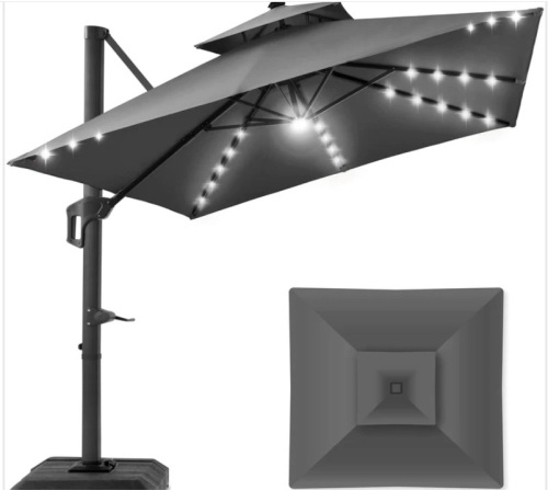 2-Tier Square LED Cantilever Offset Umbrella w/ 360 Rotation, Base - 10x10ft base is damaged - Lot 242