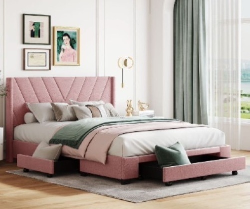 Queen Upholstered Platform Bed w/ 3 Drawers (Pink) - Lot 245
