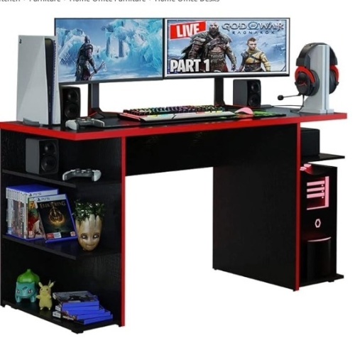 Madesa Gaming Computer Desk with 5 Shelves, Cable Management and Large Monitor Stand, Wood, 24" D x 53" W x 29" H - Black/Red - Lot 249
