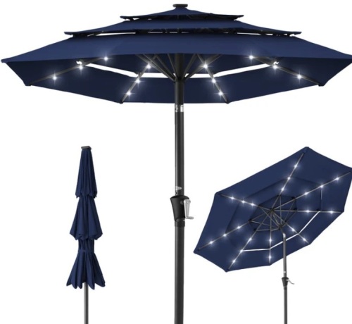3-Tier Solar Patio Umbrella w/ LED Lights, Tilt Adjustment, Crank - 10ft - Lot 281