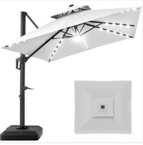 2-Tier Square LED Cantilever Offset Umbrella w/ 360 Rotation, Base - 10x10ft - Lot 55