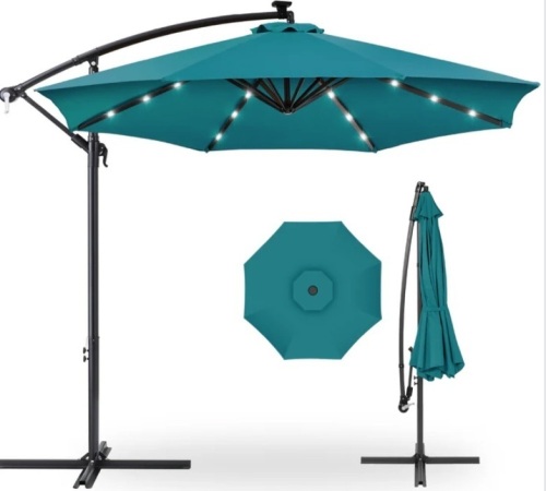 Solar LED Offset Hanging Patio Umbrella w/ Crank Tilt Adjustment - 10ft - Lot 291