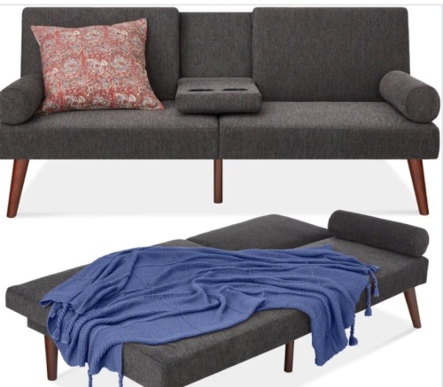 Fabric Upholstered Convertible Futon w/ Rounded Armrests, 2 Cupholders - Lot 293