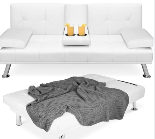 Faux Leather Upholstered Convertible Sofa Bed Futon w/ 2 Cupholders - Lot 294